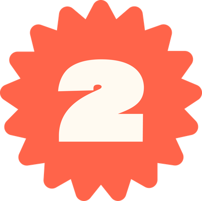 An orange starburst with the number 2 in the center.